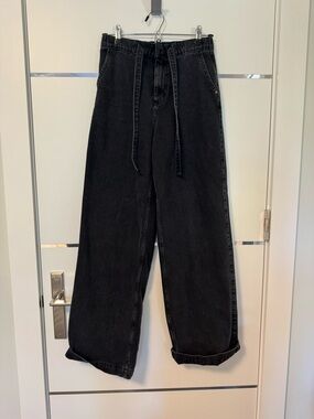 Wide Leg Drawstring Black Denim Pants